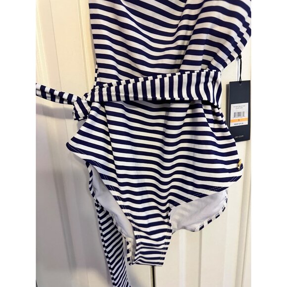 Jones NY white and navy striped one shoulder bathing swimsuit one shoulder NEW S - Picture 3 of 7